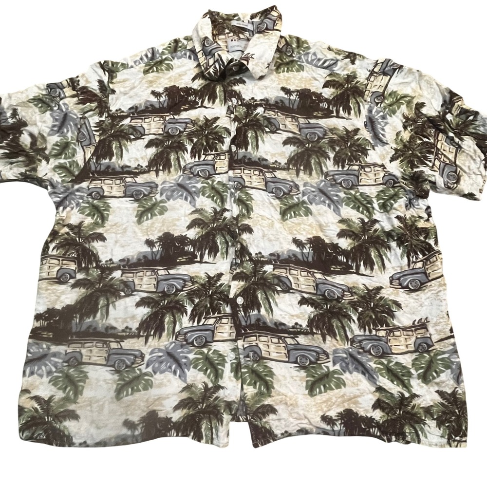 Natural‎ Issue Mens XL Rayon Hawaiian Shirt Woody Car Tropical Palm Tree Silky